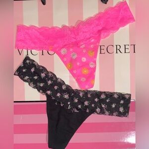 2 Victoria’s Secret PINK lace Thong Panties neon PINK panties bundle pink floral